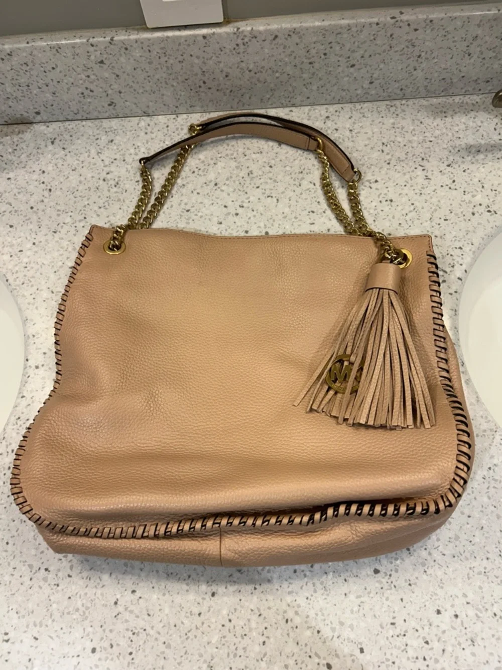 Michael Kors Nude Blush Leather Shoulder Tote with Tassel Charm
